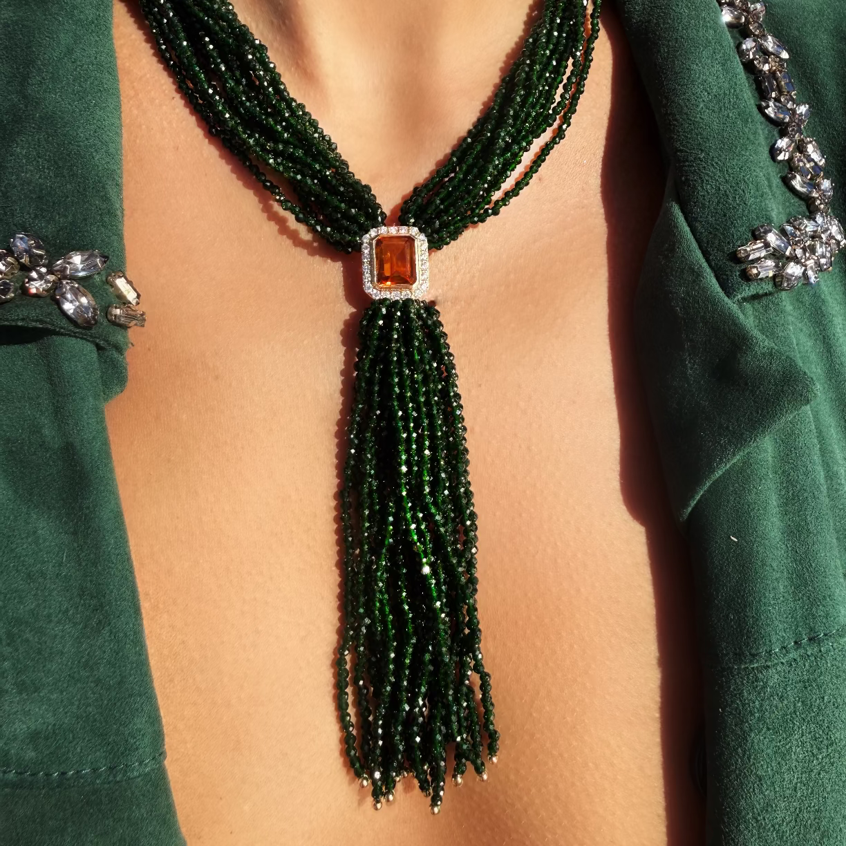 Tassel Dark green Necklace - citrine