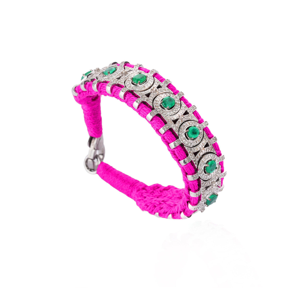 Sao Paulo Neon Pink and Emeralds bracelet in 925 silver and diamonds