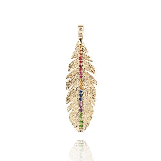 Feather pendant 14 carat gold and multicolored stones