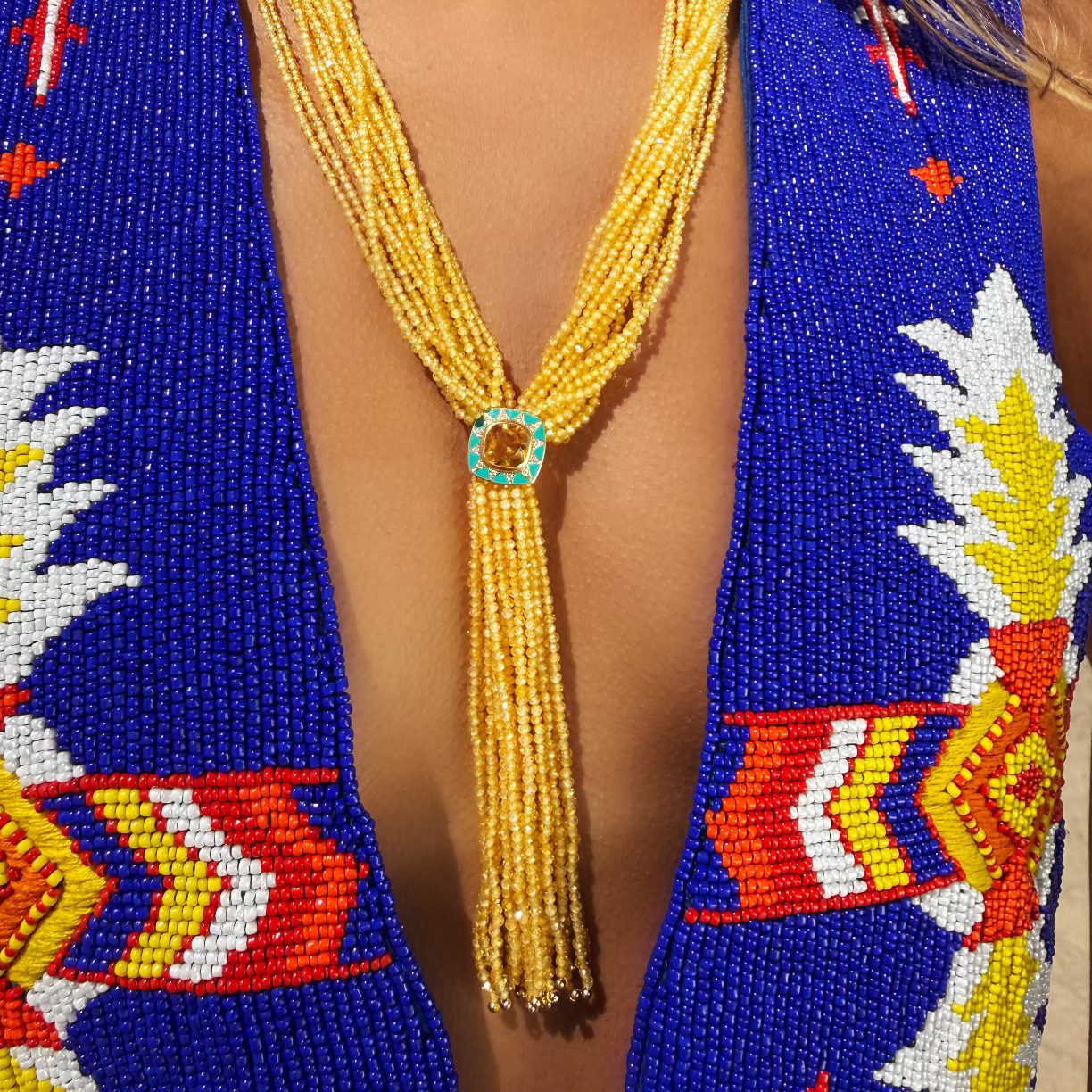 Tassel yellow Necklace - citrine and turquoise enamel