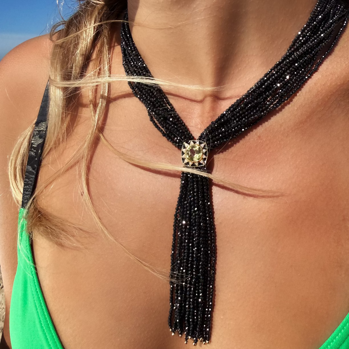 Tassel black Necklace - lemon Quartz and black enamel