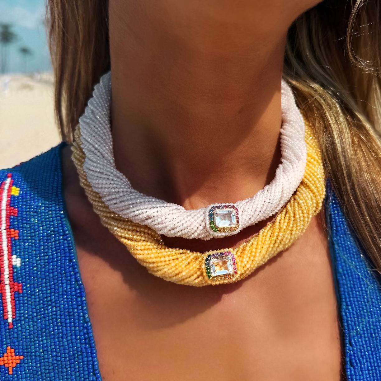Tornado Off-white Necklace - Gold Crystal Rainbow
