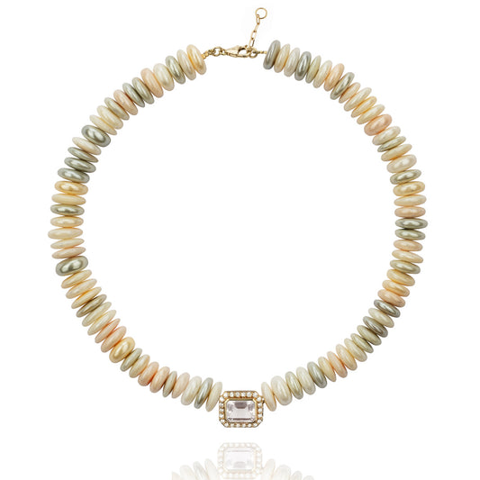 Molly necklace in flat shell pearls, 18-karat gold and crystal