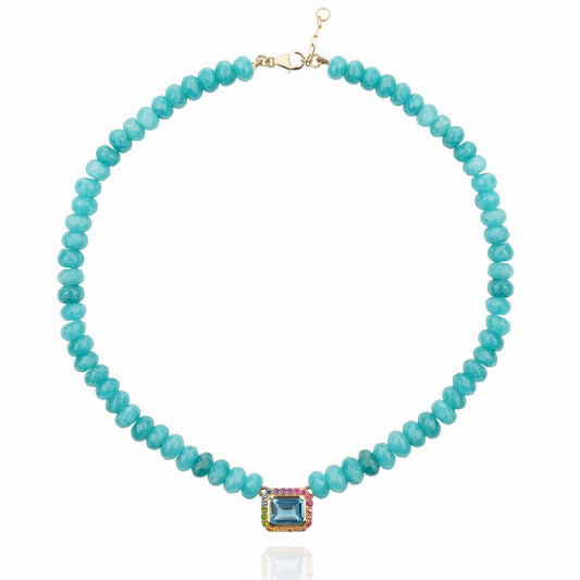 Molly necklace in Amazonite stone, 14k gold, crystal and multi-colored stones