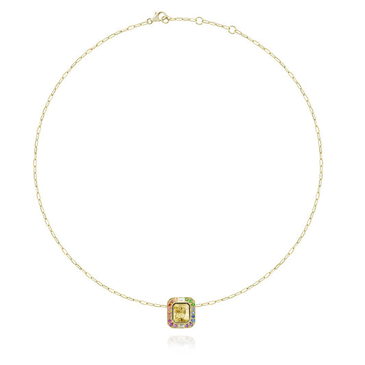 Margareth necklace special 18 carat gold, heliodor, rainbow sapphire and diamonds.