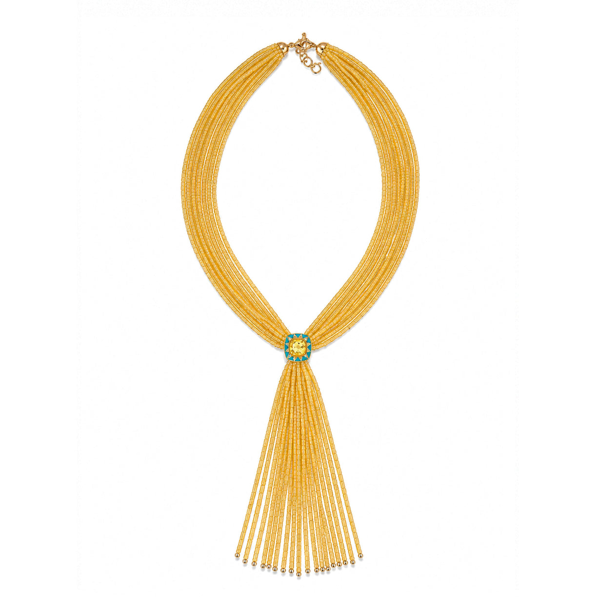Tassel yellow Necklace - citrine and turquoise enamel