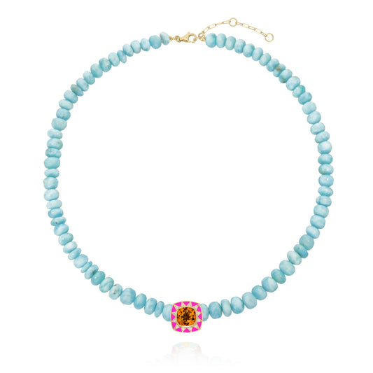 Stella necklace blue lagoon larimar stone, neon pink pendant, diamonds and Madeira citrine