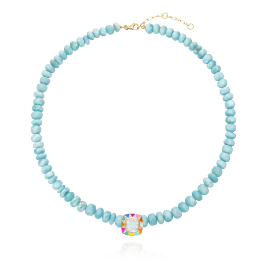 Stella necklace blue stone lagoon larimar, rainbow pendant, diamonds and moonstone