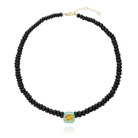 Stella necklace with black onyx stone, turquoise blue pendant, diamonds and citrine