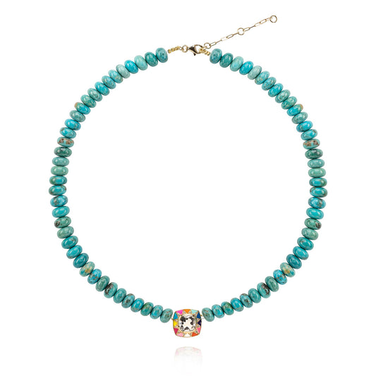 Stella turquoise stone necklace, rainbow pendant, diamonds and quartz